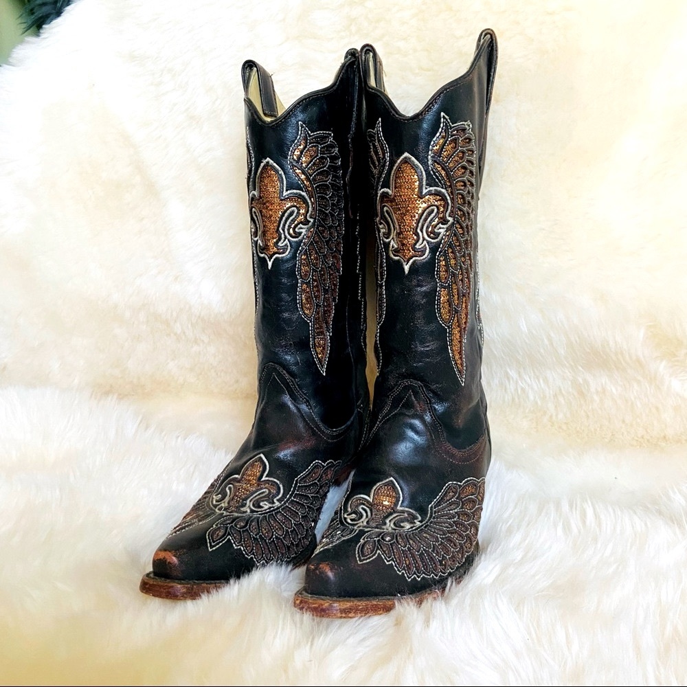 Brown Fleur de Lis Corral Cowboy Boots